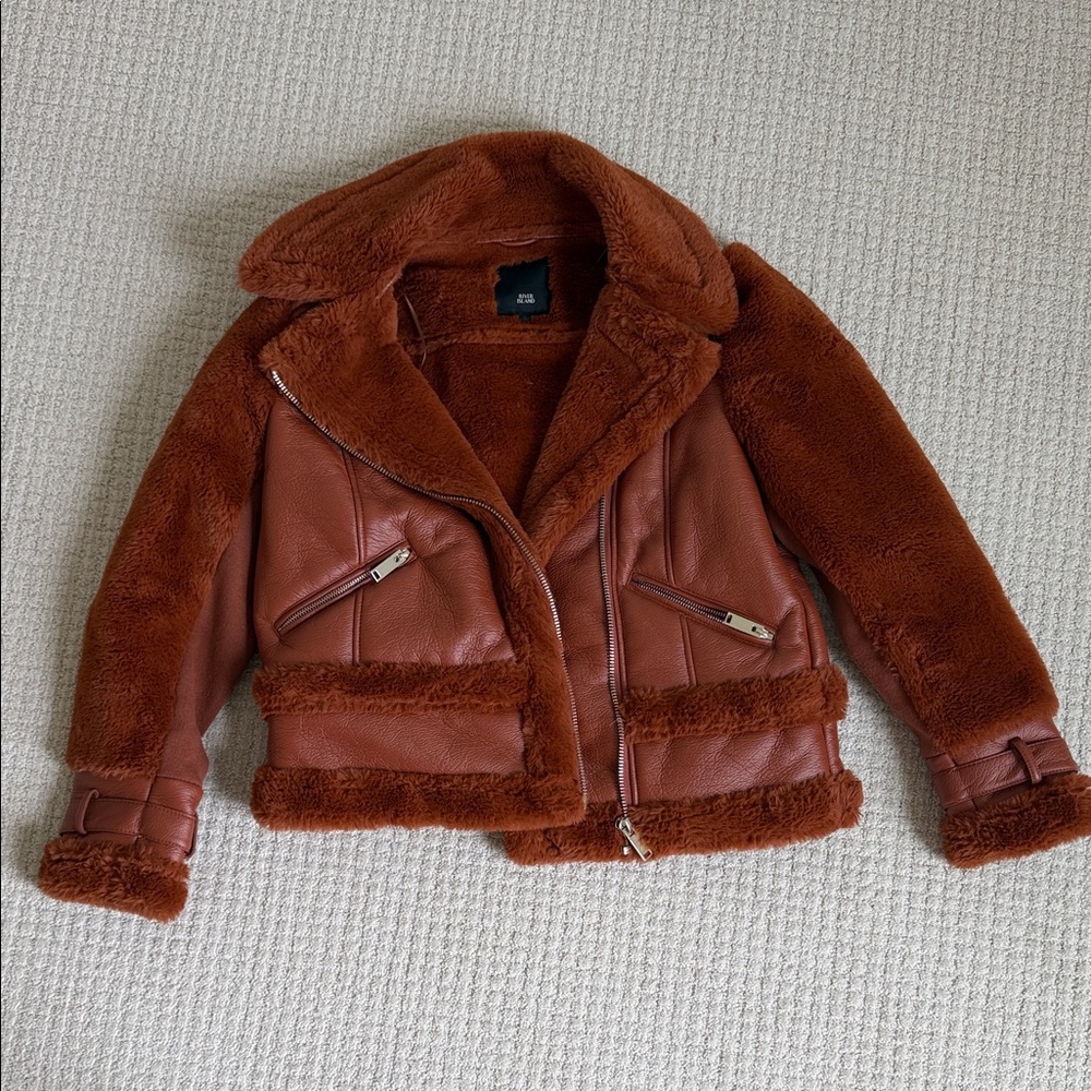 River Island Rust Brown Faux Shearling Moto Jacket